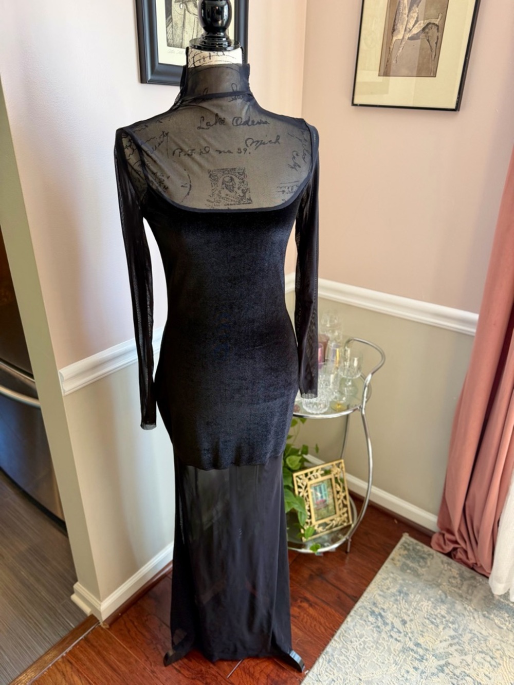 Black Velvet & Mesh Sheer Maxi Dress Long Sleeve Gothic Small/Medium